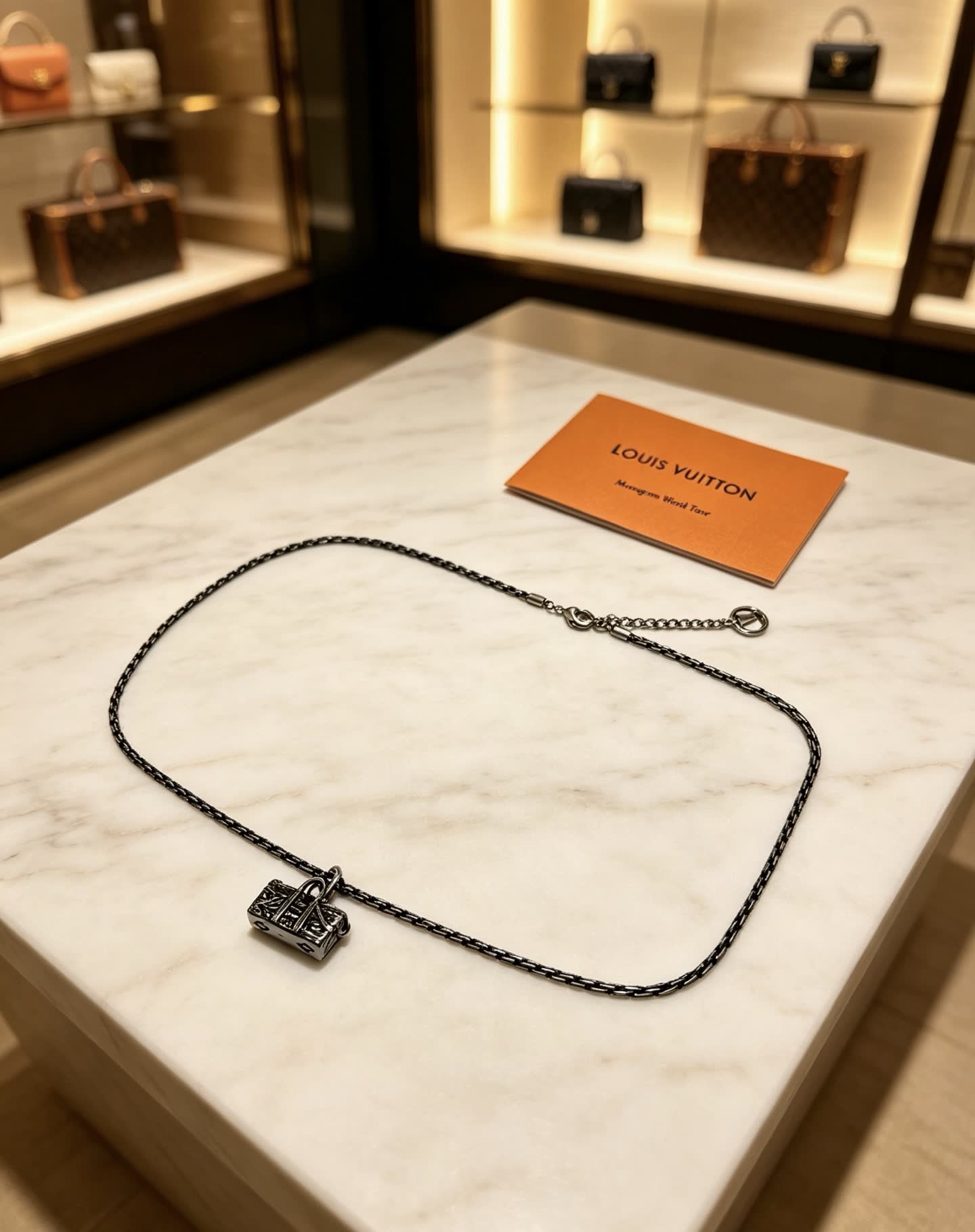 Louis Vuitton Silver Chain Necklace with Lock Charm